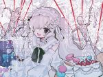  1girl asarisoba black_bow black_bowtie bow bowtie cake commentary_request dress food frilled_dress frills hair_over_one_eye hairband highres korean_commentary lolita_fashion lolita_hairband long_hair long_sleeves looking_at_viewer macaron mahou_shoujo_no_majo_saiban minna_de_zutto_shiawase_ni_kazoku_de_issho_ni_tanoshii_party_wo natsume_an-an puppet puppet_strings purple_eyes ribbon sleeves_past_fingers sleeves_past_wrists solo string tea translation_request white_hair 