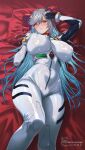  1girl absurdres alternate_costume arm_up ayanami_rei ayanami_rei_(cosplay) bed blue_hair blush bodysuit breasts colored_inner_hair commentary_request commission cosplay covered_navel covered_nipples curled_horns curvy fire_emblem fire_emblem_heroes freyja_(fire_emblem) gloves gradient_hair grey_hair hand_on_own_chest hand_up highres horns huge_breasts impossible_bodysuit impossible_clothes long_hair lying mecha_pilot_suit multicolored_gloves multicolored_hair neon_genesis_evangelion on_back on_bed pillow plugsuit_(evangelion) red_eyes red_horns skin_tight solo sweat thick_thighs thighs tomo_eokaiteru two-tone_gloves very_long_hair white_bodysuit wide_hips 