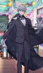 1boy aqua_eyes balloon black_coat black_cross_tie black_jacket black_pants black_vest butler buttons coat coat_on_shoulders commentary_request cross_tie cup expressionless fate/grand_order fate_(series) feet_out_of_frame floating_clothes formal_clothes game_asset glasses gloves grey_hair hand_up holding holding_sword holding_tray holding_weapon indoors jacket jacques_de_molay_(academy_outfit)_(fate) jacques_de_molay_(saber)_(fate) kuroboshi_kouhaku lapels long_sleeves looking_at_viewer male_focus notched_lapels official_art pants partial_commentary shirt short_hair solo suit sword tea_set teacup teapot third-party_source tray vest waistcoat weapon white_gloves white_shirt wingtip_collar 