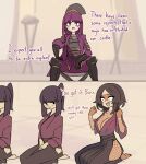  4girls absurdres armor barefoot blurry blurry_background breasts brown_hair centurii-chan cleavage clenched_hands clothing_cutout commentary english_commentary english_text highres hip_vent indoors japanese_armor japanese_clothes large_breasts long_hair looking_at_another medium_hair multiple_girls ninja ninja_(centurii-chan) original pink_hair revealing_tanlines samurai seiza sitting smile stool tanlines teeth upper_teeth_only 