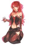  breasts choker cleavage corset earrings elbow_gloves flower glass gloves jewelry lips long_hair mabinogi medium_breasts midriff navel pelvic_curtain purple_eyes red_hair rose rua shoes smile solo strapless thighhighs toyger 