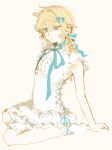  1boy adapted_costume aqua_bow aqua_ribbon blonde_hair blue_eyes bow center_frills chinese_commentary commentary_request crossdressing crossdressing_(mtf) curly_hair dress edgar_valden edgar_valden_(golden_ratio) expressionless frilled_dress frills full_body hair_bow highres identity_v long_hair male_focus neck_ribbon ribbon sidelocks simple_background sitting sleeveless sleeveless_dress socks solo swept_bangs trap wariza white_background white_dress white_socks yuushio_h4ru 