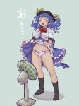  1girl absurdres black_hat blue_hair blush bow closed_eyes clothes_lift clothes_pull commentary_request dress dress_lift dress_pull electric_fan fanning_crotch food frills fruit fruit_hat_ornament full_body hat hat_ornament highres hinanawi_tenshi hot kaden_(muxt8423) leaf leaf_hat_ornament lifting_own_clothes long_hair navel panties peach peach_hat_ornament pink_panties puffy_sleeves red_bow shirt short_sleeves skirt skirt_lift smile solo sweat touhou translation_request underwear white_shirt 