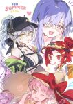  4girls :d ;d absurdres beni-enma beni-enma_(swimsuit_berserker)_(second_ascension) bikini black_bikini black_hat breasts chaldea_nankai_dai_kessen cleavage commentary copyright_name english_text eyepatch fate/grand_order fate_(series) green_eyes grey_hair habetrot_(fate) habetrot_(swimsuit_pretender)_(fate) hat heart highres horns kingprotea_(fate) kingprotea_(swimsuit_mooncancer)_(first_ascension)_(fate) large_breasts lilith_(fate) lilith_(swimsuit_rider)_(first_ascension)_(fate) long_hair looking_at_viewer multiple_girls official_alternate_costume one_eye_closed open_mouth pink_eyes pink_hair pointy_ears purple_eyes purple_hair red_eyes red_hair sharp_teeth single_horn smile straw_hat swimsuit teeth tongue tongue_out visor_cap yakksan zipper_pull_tab 