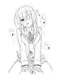  1girl absurdres blunt_bangs blush bob_cut collared_shirt commentary covered_penetration cowboy_shot cowlick embarrassed eyepatch eyes_visible_through_hair frilled_skirt frills hair_between_eyes heart heaven_burns_red highres hiiragi_kozue implied_sex jacket kaki. long_sleeves looking_at_viewer medical_eyepatch medium_hair miniskirt moaning monochrome neck_ribbon nose_blush one_eye_covered open_clothes open_jacket open_mouth pleated_skirt ribbon ribbon-trimmed_sleeves ribbon_trim saliva shirt simple_background skirt solo sound_effects speech_bubble spoken_heart sweat tareme teeth twitching upper_teeth_only white_background 