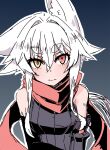  1girl animal_ears black_shirt black_sleeves closed_mouth commentary_request detached_sleeves grey_background heterochromia highres inubashiri_momiji kuro-ekaki looking_at_viewer ninja outline red_eyes shirt short_hair simple_background solo tail touhou white_hair white_outline wolf_ears wolf_girl wolf_tail yellow_eyes 