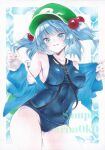 1girl absurdres alternate_costume arim0k0 blue_eyes blue_hair blue_one-piece_swimsuit blue_shirt breasts commentary_request contrapposto covered_navel green_hat grin hair_bobbles hair_ornament hat highres jewelry kawashiro_nitori key key_necklace large_breasts looking_at_viewer medium_hair necklace one-piece_swimsuit open_clothes open_shirt sample_watermark school_swimsuit shirt sideboob smile solo swimsuit thighs touhou traditional_media twitter_username two_side_up watermark 