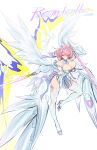  1girl absurdres breasts character_name cleavage commentary_request dress high_heels highres holding holding_sword holding_weapon large_breasts mechanical_wings medium_hair pink_hair purple_eyes remielle_dan rqjxwc short_dress simple_background solo sword thaumiel_(zenless_zone_zero) thighhighs thighs weapon white_background white_dress white_thighhighs white_wings wings zenless_zone_zero 