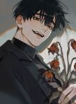  1boy 1o8k alien_stage black_coat black_eyes black_hair black_shirt bouquet coat commentary fang flower flower_request from_side highres holding holding_bouquet ivan_(alien_stage) male_focus red_flower red_pupils shirt solo thick_eyebrows turtleneck turtleneck_shirt wilted_flower 