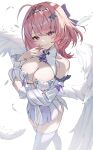  1girl ahoge ascot bare_shoulders blush bow bow_legwear breasts cleavage closed_mouth collarbone commentary_request dress feathered_wings file112056 fingernails hair_bow hair_intakes hair_ornament hairclip highres large_breasts long_sleeves looking_at_viewer medium_hair nail_polish pink_eyes pink_hair pink_lips pink_nails purple_ascot purple_bow remielle_dan smile solo tassel thighhighs thighs white_bow white_dress white_sleeves white_thighhighs white_wings wings zenless_zone_zero 