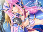  1boy 1girl armor back-to-back black_gloves black_hair blue_eyes blush breasts broken_armor cleavage clenched_teeth collarbone covered_nipples dutch_angle faulds fingerless_gloves from_above game_asset gloves kinmedai_pink large_breasts long_hair looking_at_viewer magical_girl medium_breasts midriff navel non-web_source official_art one_eye_closed panties pauldrons pink_hair seiryuu_tenmu self-datamine shoulder_armor shoulder_pads shouryuu_senki_tenmu skirt solo_focus teeth torn_clothes underwear variant_set very_long_hair visual_novel_cg white_panties wince 