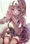  1girl absurdres arm_warmers blonde_hair blush breasts brown_shirt commentary green_eyes highres kamu_kotan large_breasts looking_at_viewer medium_hair mizuhashi_parsee open_mouth pointy_ears shirt skirt smile solo thighs touhou traditional_media white_arm_warmers 