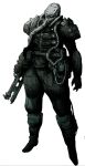  1boy arm_armor armor armored_collar cable commentary english_commentary faux_traditional_media gas_mask gloves gun highres holding holding_gun holding_weapon male_focus mask mykell_pledger original partially_colored pauldrons science_fiction shoulder_armor solo_focus standing weapon white_background white_eyes 