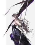  1girl absurdres banner bare_shoulders black_crown black_dress black_eyes black_gloves black_pantyhose border breasts brown_hair chinese_commentary closed_mouth commentary_request cowboy_shot crown crown_of_thorns dress expressionless feather-trimmed_dress flag flower-shaped_hair from_side gloves grey_background guangchen'er highres holding holding_banner holding_flag infinity_nikki layered_dress long_hair long_sidelocks nikki_(series) nostrils outside_border pantyhose pillarboxed pointy_nose short_dress sideboob sidelocks solo standing strapless strapless_dress stylist_(nikki) tailcoat toned toned_female very_long_hair wavy_hair white_border white_dress 