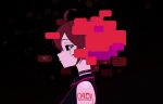  1girl absurdres adapted_hairstyle ahoge arm_tattoo artist_logo artist_name black_background black_choker black_sclera black_shirt choker collared_shirt colored_sclera commentary deltarune forgotten_man_(deltarune) from_side highres kasane_teto kasane_teto_(utau) logo otokakoto red_hair shirt sideways_glance simple_background sleeveless sleeveless_shirt solo tattoo untranslatable_commentary utau utdr_(toby_fox) 