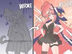  +_+ 1girl :> absurdres alternate_breast_size_(larger) ashur_(magi)_(trickcal) ashur_(trickcal) black_dress blue_cape blue_hat blush_stickers breast_conscious breasts brown_hair brown_shoes cape cleavage closed_mouth commentary_request depressed dress flat_chest full_body hands_on_own_hips hat highres holding holding_staff korean_commentary large_breasts long_hair looking_at_viewer outline puff_of_air purple_background red_cape red_eyes shoes smile solo staff standing syeomsyeom trickcal two-sided_cape two-sided_fabric v-shaped_eyebrows very_long_hair white_outline witch_hat 