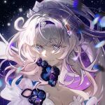  1girl ahoge blue_eyes breasts commentary diamond-shaped_pupils diamond_(shape) english_commentary flower_ornament high_ponytail honkai_(series) honkai_impact_3rd kiana_kaslana kiana_kaslana_(herrscher_of_finality) long_hair medium_breasts otwd_2d ponytail sky smile solo star_(sky) starry_sky symbol-shaped_pupils tiara upper_body very_long_hair white_hair 