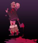  1girl artist_name axe big_hair black_jacket black_shoes blood blood_drip blood_in_hair blood_on_clothes blood_on_face blood_on_ground blood_on_leg blood_on_shoes blood_on_weapon brown_leg_warmers commentary earmuffs english_commentary full_body fur_leg_warmers gradient_background high_heels holding holding_axe holding_weapon jacket kyokugen_dasshutsu kyokugen_dasshutsu:_9_jikan_9_nin_9_no_tobira leg_warmers long_sleeves looking_back medium_hair open_clothes open_jacket open_mouth pink_hair pool_of_blood purple_background shoes shootingstarrfish simple_background smile spoilers standing twintails weapon yotsuba_(kyokugen_dasshutsu) 