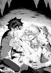  2boys absurdres adam's_apple alternate_universe applying_bandages arm_tattoo bag bakugou_katsuki bandaged_arm bandaged_stomach bandages bleeding blood blood_on_bandages blood_on_shoulder blood_on_stomach boku_no_hero_academia boku_no_hero_academia_2nd_popularity_poll breath bright_pupils buttons cape cave clenched_teeth collared_shirt commentary_request concentrating crosshatching cuts earrings feet_out_of_frame fire_light freckles fur-trimmed_cape fur_trim furrowed_brow gauze grass greyscale hand_on_another's_arm hand_on_own_stomach hatching_(texture) highres holding holding_another's_arm holding_bandages injury jewelry kerosene_lamp knife lantern linear_hatching looking_at_another looking_down looking_to_the_side lying male_focus midoriya_izuku monochrome mouth_hold multiple_boys multiple_necklaces nao_(n_sai_ao) necklace no_nipples no_shirt object_request official_alternate_costume on_back open_clothes open_vest pants parted_lips partial_commentary profile sanpaku scratches serious shirt short_hair short_sleeves sideways_mouth sitting sleeves_rolled_up slit_pupils spiked_hair stalactite sweat tattoo teeth tooth_earrings tooth_necklace turning_head unworn_bag unworn_cape v-shaped_eyebrows very_sweaty vest woven_hatching 