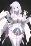  1girl absurdres alternate_costume arm_behind_back arm_up bare_shoulders blue_pupils braid breasts cleavage cosplay cowboy_shot crown_braid detached_sleeves dress elf emilia_(re:zero) english_commentary flower hair_flower hair_ornament hair_ribbon highres kiyopii_draws large_breasts light_blush long_hair looking_at_viewer pointy_ears purple_eyes purple_ribbon re:zero_kara_hajimeru_isekai_seikatsu remielle_dan remielle_dan_(cosplay) ribbon rose simple_background skindentation smile solo tassel thighhighs waving white_dress white_flower white_hair white_rose white_thighhighs white_wings wings x_hair_ornament zenless_zone_zero 