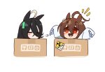  2girls :d =_= agnes_tachyon_(umamusume) ahoge animal_ears black_hair box brown_hair cardboard_box commentary_request earrings hair_between_eyes highres horse_ears horse_girl huge_ahoge in_box in_container jewelry kiora06 lab_coat long_bangs long_hair long_sleeves manhattan_cafe_(umamusume) medium_hair multiple_girls photo-referenced puff_of_air radioactive red_eyes simple_background single_earring sleeves_past_fingers sleeves_past_wrists smile umamusume white_background 