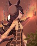  1girl absurdres animal_ears blush breasts brown_dress brown_hair brown_hat brown_sweater closed_mouth commentary_request dress flipped_hair hair_over_one_eye hat highres horse_ears horse_girl katsushika_yuki long_hair looking_at_viewer outdoors power_lines purple_eyes rice_shower_(umamusume) sleeveless sleeveless_dress small_breasts smile solo sunset sweater tilted_headwear translation_request umamusume 