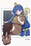  1girl belt blue_eyes blue_hair boots brown_belt brown_boots brown_shirt brown_shorts brown_thighhighs collared_shirt color_guide commentary_request earrings facial_mark fold-over_boots full_body gold_headdress hair_ornament highres holding holding_scepter jewelry key_earrings looking_at_viewer michigami_nareko nasubi_no_manjiu open_mouth outline scepter shirt short_sleeves shorts solo speech_bubble sphere_hair_ornament thighhighs touhou triangle triangle_facial_mark usekh_collar white_outline 