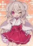  1girl ahoge asa_no_ha_(pattern) blush border bow breasts brown_background commentary cowboy_shot curved_horns deformed detached_sleeves double_v egasumi fang gradient_background grey_hair grey_horns hanasaki_ayame hanasaki_ayame_(artist) hands_up horns indie_virtual_youtuber japanese_clothes kimono long_hair nontraditional_miko obi one_eye_closed orange_background outline pleated_skirt red_bow red_eyes red_sash red_skirt ribbon-trimmed_sleeves ribbon_trim sash sash_bow self-portrait skin_fang skirt sleeveless sleeveless_kimono small_breasts solo standing v virtual_youtuber white_border white_horns white_outline white_sleeves wide_sleeves 