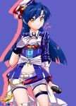  1girl belt blue_background blue_hair blue_shirt blunt_ends closed_mouth cowboy_shot drop_shadow gloves hand_up hat highres holding holding_microphone idolmaster idolmaster_(classic) idolmaster_million_live! idolmaster_million_live!_theater_days kamota_kamosuke kisaragi_chihaya kisaragi_chihaya_(dream_sky_attendant) long_hair looking_to_the_side microphone navel official_alternate_color official_alternate_costume shirt short_shorts shorts sideways_glance simple_background single_glove solo standing striped_clothes striped_shirt vertical-striped_clothes vertical-striped_shirt white_belt white_gloves white_shorts yellow_eyes 