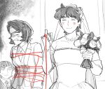  1girl 2boys ^_^ anger_vein blank_eyes blush bouquet chagatai_(tenmaku_no_jaadugar) clenched_teeth closed_eyes closed_mouth collared_shirt commentary_request crossdressing dress greyscale hands_up highres holding holding_bouquet long_sleeves monochrome multiple_boys necktie ogedei_(tenmaku_no_jaadugar) sai_(zxc3348719) shirt short_hair smile string string_of_fate suit sweatdrop teeth tenmaku_no_jaadugar toregene_(tenmaku_no_jaadugar) v-shaped_eyebrows wedding wedding_dress 