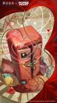  absurdres atom atomic_heart chinese_commentary chinese_text copyright_name copyright_notice cushion english_text from_above highres id_card key lanyard logo mechanical_tentacles no_humans non-humanoid_robot nora_(atomic_heart) official_art official_wallpaper reverse:1999 robot tentacle_heart yellow_background 