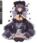  1girl apron art_program_in_frame between_breasts black_collar black_dress black_hairband black_necktie black_thighhighs blush breasts cleavage clothes_between_breasts collar commentary cosplay detached_collar dress emily_botta english_commentary flower frilled_apron frills gothic_lolita grey_apron hair_flower hair_ornament hairband heart highres kitagawa_marin kuroe_shizuku kuroe_shizuku_(cosplay) lace lace-trimmed_collar lace_hairband lace_thighhighs lace_trim large_breasts lips lolita_fashion looking_at_viewer medium_hair necktie necktie_between_breasts parted_lips purple_eyes purple_hair seiza short_dress simple_background sitting sleeves_past_fingers sleeves_past_wrists solo sono_bisque_doll_wa_koi_wo_suru thighhighs thighs wariza white_background 