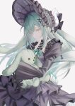  1girl absurdres animal_ears arknights bang_dream! bang_dream!_it's_mygo!!!!! black_bonnet black_bow black_dress black_gloves bonnet bow commentary_request dress ear_bow expressionless extra_ears floppy_ears gloves green_hair green_ribbon hair_ornament highres holding holding_stuffed_toy long_hair looking_down lop_rabbit_ears nianamo61 parted_bangs rabbit_ears rabbit_girl ribbon sidelocks stuffed_animal stuffed_rabbit stuffed_toy twitter_username wakaba_mutsumi wakaba_mutsumi_(marionette's_id) white_background x_hair_ornament yellow_eyes 