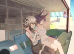  2girls absurdres animal_ears arknights black_hair black_shorts black_thighhighs blaze_(arknights) blaze_(summer)_(arknights) bottle cat_ears cat_girl cat_tail chest_sarashi closed_eyes commentary_request crop_top grey_eyes grey_hair greythroat_(arknights) hairband highres holding holding_bottle long_hair multiple_girls navel panties ponytail red_hairband sarashi short_shorts shorts sitting suzubotan tail tank_top thighhighs underwear white_panties white_tank_top 