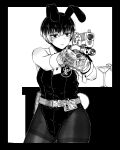  1girl absurdres aiming animal_ears belt black_border black_eyes border cocktail_glass commentary_request cup drinking_glass earrings expressionless facing_viewer flashlight glock gloves gun handgun highres holster id_card jewelry mechanix_wear monochrome original playboy_bunny rabbit_ears short_hair sleeve_cuffs solo_focus table tactical_gloves taida thighhighs weapon white_background 