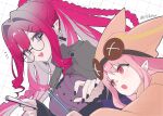  2girls baobhan_sith_(fate) baobhan_sith_(swimsuit_pretender)_(second_ascension)_(fate) black_claws buttons capelet commentary_request dutch_angle earrings enpera eyelashes fate/grand_order fate_(series) glasses grey_hair habetrot_(fate) hair_intakes hair_ornament hairclip hat highres holding hood hooded_jacket hoodie jacket jewelry long_hair long_sleeves multicolored_hair multiple_girls open_mouth pencil pink_hair pink_hat pointy_ears ponytail red_eyes red_hair round_eyewear rullep sidelocks two-tone_hair 