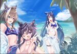 3girls animal_ears bare_shoulders beach bikini bikini_shorts blue_bikini blue_eyes blue_hair blue_sky blue_swim_trunks blush braid breasts brown_hair cheval_grand_(summer_calm_navy_drop)_(umamusume) cheval_grand_(umamusume) cleavage closed_mouth cloud commentary_request floral_print floral_print_bikini frilled_bikini frills hair_between_eyes hair_ornament half_up_braid half_up_half_down_braid heart heart_hair_ornament heart_necklace highres horse_ears horse_girl horse_tail jacket jewelry long_hair looking_at_viewer medium_breasts mole mole_under_eye multicolored_hair multiple_girls navel necklace ocean official_alternate_costume official_alternate_hairstyle one_eye_closed open_mouth outdoors pandoa_(mikage0495) print_bikini ruffle_bikini sarong shirt shorts sky smile star_(symbol) star_necklace stomach streaked_hair swimsuit tail thigh_strap umamusume v v_sisters verxina_(umamusume) vivlos_(eclat_d'ete)_(umamusume) vivlos_(umamusume) water wet white_sarong white_shirt white_streaks 