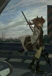 1girl absurdres angelina_(arknights) animal_ears arknights artist_name bag black_bag black_choker black_gloves black_shirt black_shoes black_shorts black_socks breasts brown_hair choker cloud cloudy_sky commentary_request dated day dcy11011 dolphin_shorts earpiece fox_ears fox_girl fox_tail full_body gloves guard_rail hairband highres holding holding_staff infection_monitor_(arknights) jacket kneehighs light_blush looking_at_viewer material_growth medium_breasts medium_hair open_clothes open_jacket oripathy_lesion_(arknights) outdoors red_eyes red_hairband red_trim road road_sign scenery shadow shirt shoelaces shoes short_shorts shorts shoulder_bag sign sky skyline smile sneakers socks solo staff striped_clothes striped_hairband tail twintails walking white_jacket wind zipper 