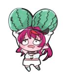  1girl arms_up bebeko_z blush chibi food fruit full_body gloves holding holding_food holding_fruit hololive hololive_english horns irys_(hololive) long_hair multicolored_hair open_mouth pointy_ears purple_hair red_hair shorts simple_background smol_irys solo streaked_hair transparent_background virtual_youtuber watermelon white_gloves white_shorts 
