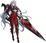  1girl albino armor black_armor bodysuit breasts center_opening clothing_cutout colored_skin covered_navel cuboon dot_nose dracula_(evertale) evertale eyebrows_hidden_by_hair floating_hair full_body game_asset gauntlets greatsword greaves grey_hair grey_skin grin groin hair_between_eyes hand_on_own_hip holding holding_sword holding_weapon huge_weapon impossible_bodysuit impossible_clothes large_breasts long_hair official_art parted_lips pink_lips pointy_ears red_armor red_eyes shoulder_armor simple_background skin_tight smile solo standing star_cutout sword tachi-e third-party_source transparent_background vampire very_long_hair wavy_hair weapon 