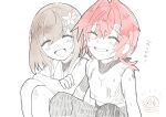 2girls :d ^_^ ange_katrina bare_shoulders brown_hair closed_eyes commentary_request crossed_arms crossed_bangs facing_viewer flame_print flower hair_between_eyes hair_flower hair_intakes hair_ornament hana_macchia highres knees_up long_bangs long_hair low_ponytail multiple_girls nijisanji nijisanji_id nijisanji_koshien open_mouth partially_colored ponytail print_shirt red_hair shirt short_ponytail side-by-side simple_background sitting sketch sleeveless sleeveless_shirt smile sweatdrop translation_request umigaya_aimi virtual_youtuber 
