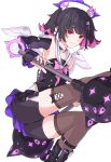  1girl absurdres black_hair black_skirt black_sleeves black_thighhighs blunt_bangs bow chest_bow colored_inner_hair commentary_request crop_top detached_sleeves gray_ceon hair_ornament hairclip halo highres holding holding_mace holding_weapon laddered_thighhighs looking_at_viewer mace multicolored_hair multiple_hairclips nangong_yu nangong_yu_(rhapsody's_muse) nenno_774 official_alternate_costume purple_bow purple_hair purple_halo red_eyes skirt smile solo thighhighs torn_clothes torn_thighhighs weapon white_background white_wings wings zenless_zone_zero 