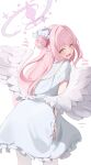  1girl :d absurdres back blue_archive blush commentary dress feathered_wings hair_bun hair_ornament halo highres long_hair looking_at_viewer mika_(blue_archive) pink_hair pink_halo seeyouu73 simple_background smile solo untranslatable_commentary white_background white_dress white_wings wings yellow_eyes 