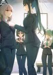  4girls aqua_hair arius_squad_(blue_archive) atsuko_(blue_archive) black_hair black_jacket black_pants black_suit blue_archive blue_eyes blue_hair blue_necktie brown_hair closed_eyes colored_inner_hair commentary_request formal_clothes green_necktie hair_over_one_eye halo highres hiyori_(blue_archive) jacket kuritiizu long_hair long_sleeves misaki_(blue_archive) multicolored_hair multiple_girls necktie pants ponytail purple_hair purple_necktie red_eyes red_halo red_necktie saori_(blue_archive) shirt short_hair side_ponytail suit white_shirt 