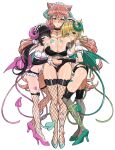  3girls akatsuki_kirika black_bra black_collar black_gloves black_hair black_panties black_thighhighs blonde_hair bra breast_pillow breasts cleavage collar demon_girl demon_horns demon_tail demon_wings eyebrows_hidden_by_hair fishnet_thighhighs fishnets gloves green_eyes green_shoes heart heart_hands heart_hands_duo highres horns huge_breasts inai_uchi large_breasts long_hair looking_at_viewer maid_headdress maria_cadenzavna_eve medium_hair multiple_girls navel open_mouth panties pink_hair pink_shoes ponytail purple_eyes senki_zesshou_symphogear shoes simple_background stomach tail thighhighs tsukuyomi_shirabe underwear white_background wings yuri 