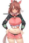  1girl absurdres ahoge animal_ears black_panties black_shrug blush breasts brown_eyes brown_hair checkered_ribbon closed_mouth commentary dantsu_flame_(center_spotlight)_(umamusume) dantsu_flame_(umamusume) ear_covers ear_ribbon hair_between_eyes hairband highres horse_ears horse_girl horse_tail large_breasts looking_at_viewer midriff multicolored_hair navel panties pink_hairband pink_shorts pout request_inset shirt shorts shrug_(clothing) simple_background solo squiggle sweatdrop tail tied_shirt umamusume underwear white_hair xkittyzx 
