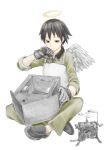  1girl absurdres angel angel_wings apron black_eyes black_gloves black_hair black_shoes clock clockwork collared_jumpsuit commentary_request contrast_collar crossed_legs cuckoo_clock gloves green_jumpsuit haibane_renmei halo highres holding holding_screwdriver jumpsuit kana_(haibane_renmei) light_smile on_floor one-hour_drawing_challenge repairing screwdriver shoes short_hair simple_background sleeves_rolled_up slip-on_shoes solo tomboy traditional_halo white_apron white_background wings yasu_(shijimi_8) yellow_halo 
