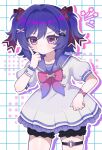  1girl alternate_costume artist_collaboration blush bow bowtie closed_mouth commentary_request cowboy_shot dress genshin_impact hair_between_eyes hand_up highres looking_at_viewer pink_bow pink_bowtie prune_(genshin_impact) purple_eyes purple_hair single_wrist_cuff solo tenchan_080515 thigh_strap two_side_up white_dress white_wrist_cuffs white_ztt wrist_cuffs 