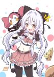  :> :d beanie black_shirt blush brown_choker brown_gloves brown_pantyhose buttons capelet charlotte_(madoka_magica) cheese choker commentary crop_top dotted_background double_v earflap_beanie food fur_trim giorgio_(yo_sumire_sola1) gloves hat highres long_hair looking_at_viewer magical_girl mahou_shoujo_madoka_magica mahou_shoujo_madoka_magica:_walpurgis_no_kaiten momoe_nagisa momoe_nagisa_(magical_girl) multicolored_eyes navel notice_lines open_mouth orange_capelet orange_skirt pantyhose ringed_eyes shirt skirt smile twintails untranslatable_commentary v very_long_hair white_background white_hair witch_(madoka_magica) 