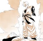  2boys amayuki318 amputee arm_at_side aura baggy_pants boots closed_mouth cloud cloudy_sky commentary_request dougi dragon_ball dragon_ball_z from_below highres looking_at_another looking_down lying male_focus martial_arts_belt monochrome multiple_boys muscular muscular_male on_stomach outdoors pants pectorals scar scar_across_eye scar_on_face serious single_amputee sky son_gohan son_gohan_(future) spiked_hair standing super_saiyan super_saiyan_1 thick_eyebrows thick_neck trunks_(dragon_ball) trunks_(future)_(dragon_ball) unconscious undershirt wristband 